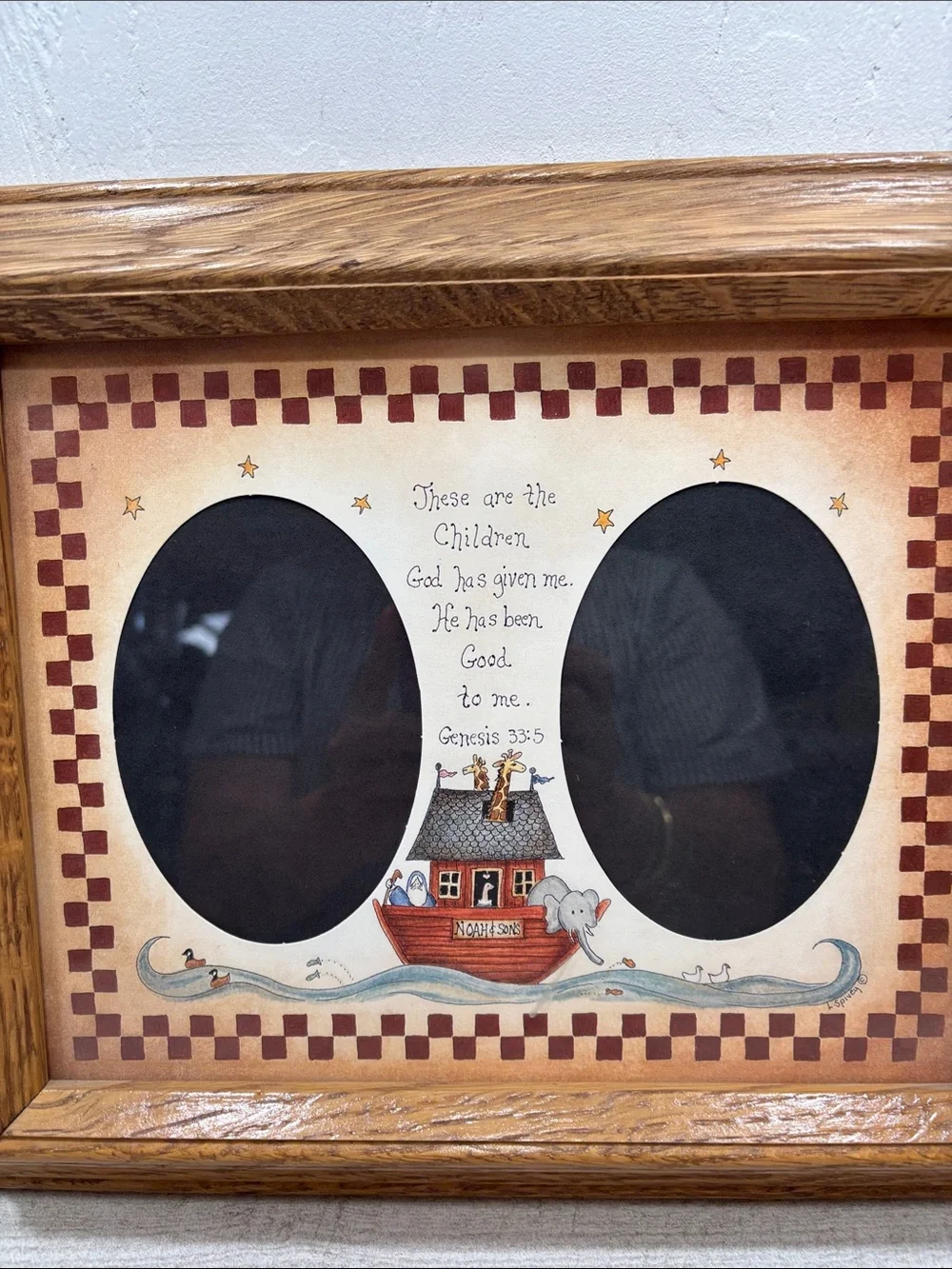 Vintage Noah's Ark DBL Framed Print Linda Spivey Y2k 90's Nursery Art Oak Frame